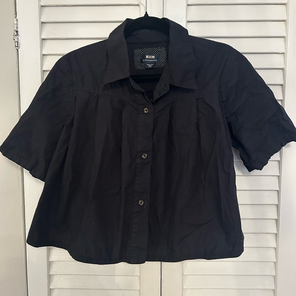 Maeve Black Short-Sleeve Button Front Top